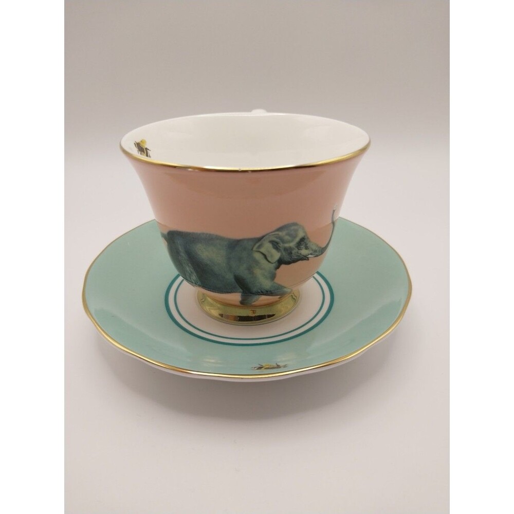 Yvonne Ellen Elephant Porcelain Teacup Saucer Set Pink Green Handwash Excellent